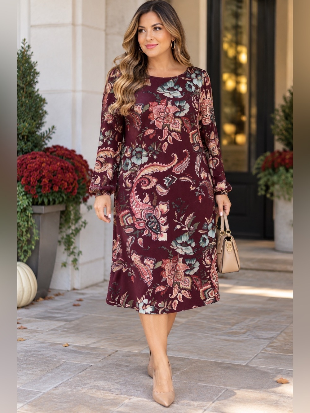 Chico's Burgundy Floral Paisley Long-Sleeve Dress